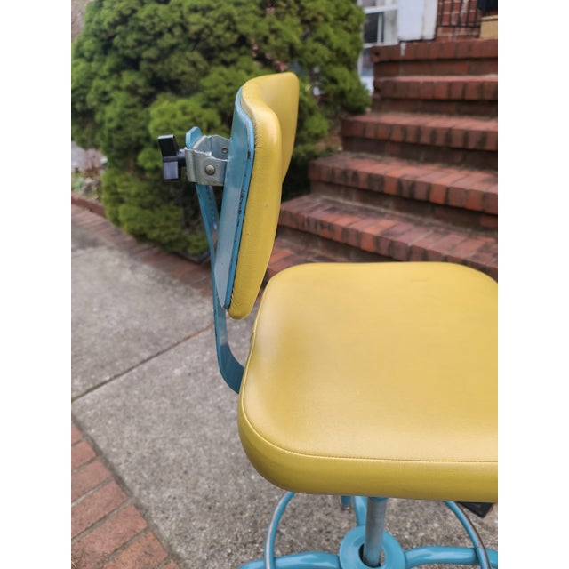 1960s Vintage Adjusto Equipment Company Drafting Chair Stool Vinyl Cushion Back Rest Swivel Adjustable With Foot Ring For Sale - Image 9 of 12