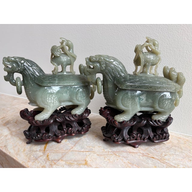 2 Antique Chinese Dragon Celadon Jade Vessels Custom Stands Qing Republic Era For Sale - Image 9 of 12