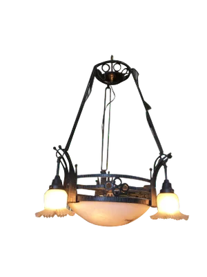 Black Iron Tole 6 Light Chandelier With Alabaster and Acid Patina