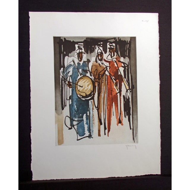 "Les Musiciens" Vintage Aquatint Etching by Roger Hebbelinck Hand signed and titled by the artist in pencil unframed Color...