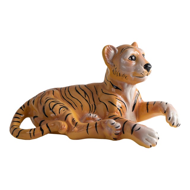 Vintage Hand-Painted Ceramic Tiger Cub Figurine For Sale
