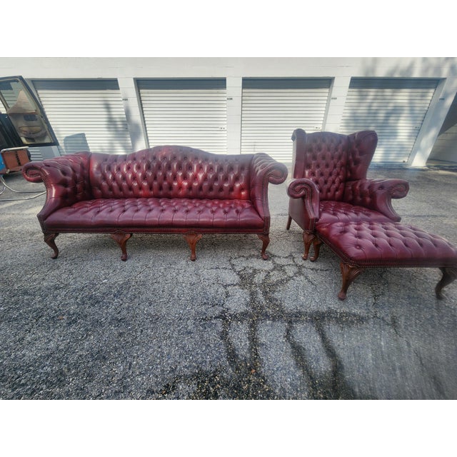 Vintage Carolina Leather House Oxblood Tufted Chesterfield Sofa, Wingback Chair & Ottoman - 3 Piece Set For Sale - Image 15 of 18