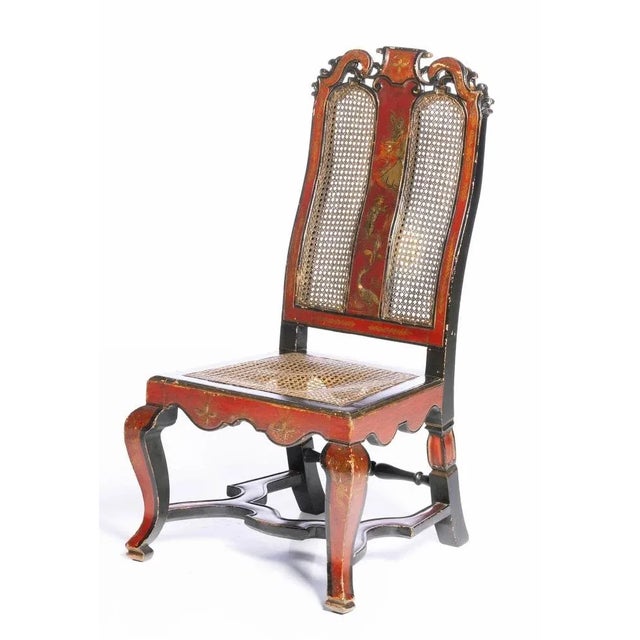 Important pair of Jorge II chairs from the 18th century in Japanese lacquer, decorated with chinoiserie, figure and bird....