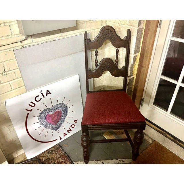 1920s Antique 1920s Spanish Revival Oak Dining Chairs With New Burgundy Seat Upholstery - Set of 4 For Sale - Image 5 of 5