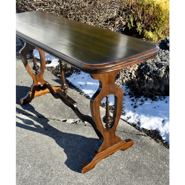 1950s Walnut Jacobean Style Console Sofa Table Vintage 1950s Trestle Base 60 For Sale - Image 5 of 13