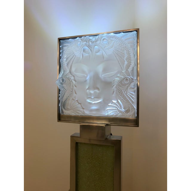 Lalique Signed Lalique French Art Glass "Masque De Femme" Plaque Standing Lamp For Sale - Image 4 of 13