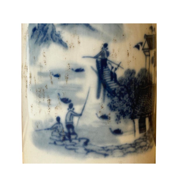 Chinese Distressed White Porcelain Blue Mountain Houses Graphic Holder Vase For Sale In San Francisco - Image 6 of 15