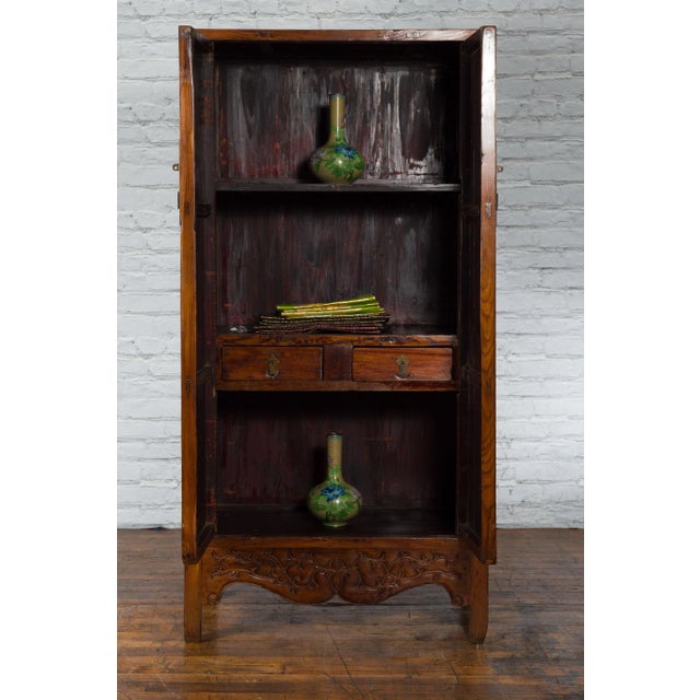 19th Century Chinese Qing Dynasty Brown Finish Cabinet with Carved Apron For Sale - Image 11 of 13