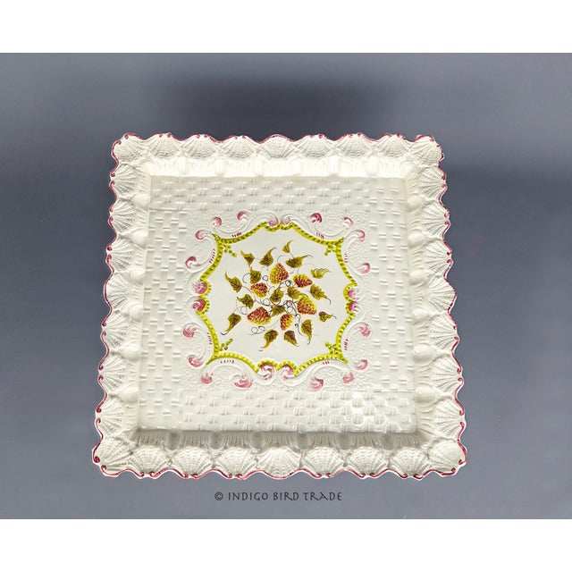 Vintage Italian Porcelain Cake Pastry Display Pedestal Stand Seashell Scalloped Edge and Hand-Painted Strawberries Made in Italy For Sale - Image 4 of 12