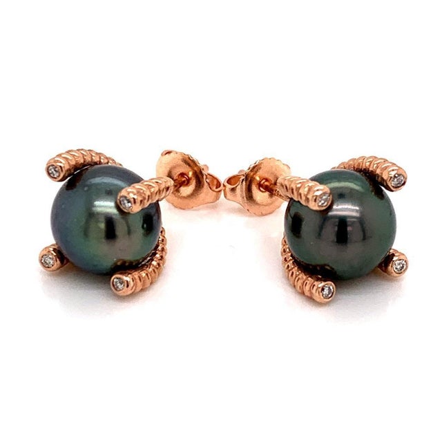 Diamond Large Tahitian Pearl Earrings 14k Rose Gold Certified For Sale - Image 11 of 14