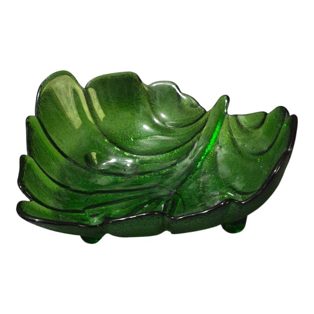 Vintage Forest Green Glass Leaf Shaped Footed Candy Dish For Sale - Image 6 of 6