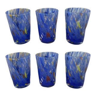 Murano Blue Confetti Drinking Glasses- Set of 6 Made in Italy For Sale