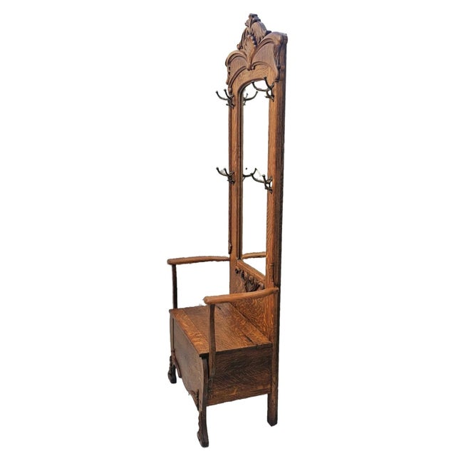 Victorian Antique American Tiger Oak Hall Tree With Carved Crest, Beveled Mirror & Storage Bench, C. 1900 For Sale - Image 3 of 18