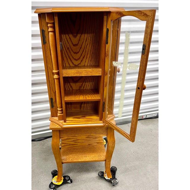 1960s Mid Century Revolving Jewelry Armoire in Oak Finish Free Standing Pilasters Mirror Chest of Draws For Sale - Image 17 of 17