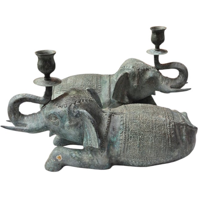 Hollywood Regency 1960s Large Pair Asian Bronze Recumbent Processional Elephant Candlesticks For Sale - Image 3 of 6