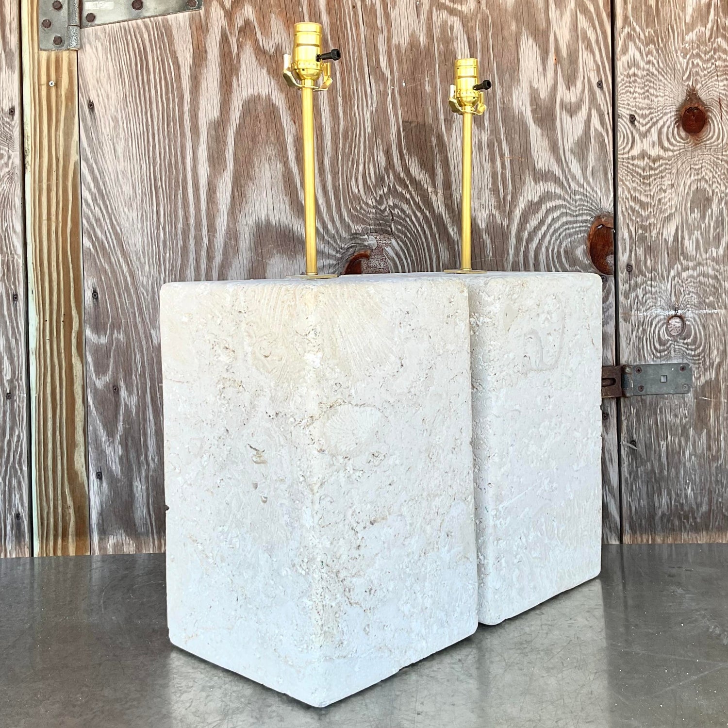 Vintage Coastal Large Coquina Stone Block Lamps - a Pair - Top view