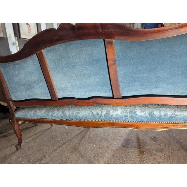 Vintage French Louis XV Style Blue Damask Settee With Carved Frame For Sale In Washington DC - Image 6 of 6