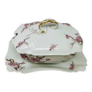 Antique Haviland Limoges Gravy Boat With Attached Underplate, Schleiger 222 Pink Cherry Blossom Floral Pattern, 1876-1889 H&Co/L Mark For Sale