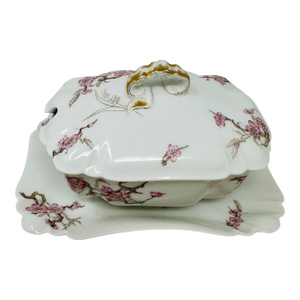 Antique Haviland Limoges Gravy Boat With Attached Underplate, Schleiger 222 Pink Cherry Blossom Floral Pattern, 1876-1889 H&Co/L Mark