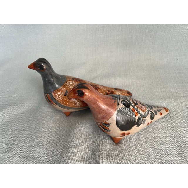 Pair of Vintage Mexican Folk Art Hand Painted Clay Bird Pidgeons For Sale - Image 10 of 12