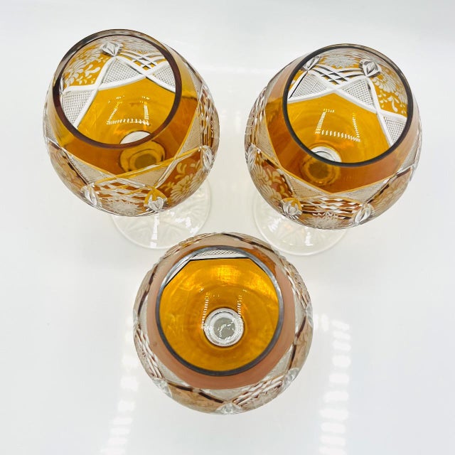 Vintage Bohemian Amber Cut-to-Clear Wine Glasses, 1950s, Set of 3 For Sale - Image 8 of 11