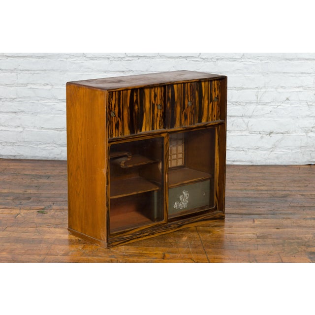 Japanese 19th Century Japanese Zebra Wood Tansu Chest with Sliding Doors & Open Shelves For Sale - Image 3 of 13