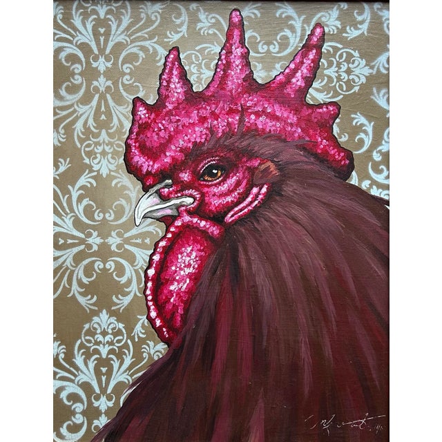 Beautiful, vintage oil painting of a portrait of rooster. Beautiful decorative background. Painting measures 16” x 20”, in...