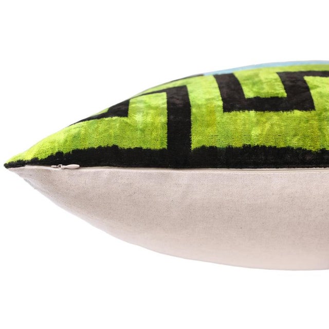 2020s Greek Key Velvet Pillow in Green & Blue – Handmade 24x24 Inch Square For Sale - Image 5 of 8