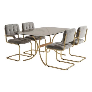 Italian Modern Gray Tufted Chairs and Glass Table, 1970s, Set of 5 For Sale