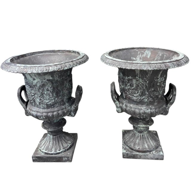 Neoclassical Pair of Vintage Neoclassical Cast Iron Urn Planters in Aged Bronze & Verdigris Finish For Sale - Image 3 of 12