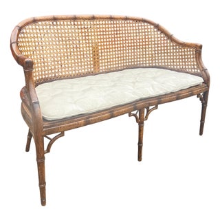 Vintage Faux Bamboo Settee Sofa Bench With Rattan Cane Back For Sale