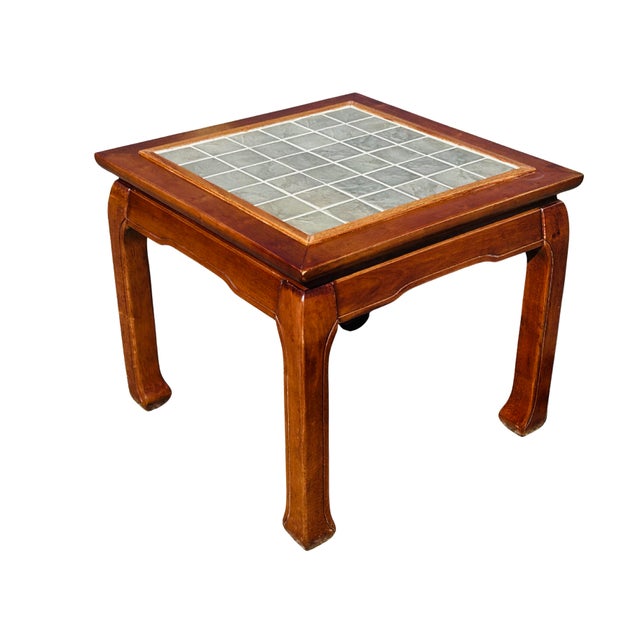 Vintage Ming Style Square Coffee or Side Table with Tile Inlay Top – Asian Chinoiserie Hardwood Accent Table with Horse...