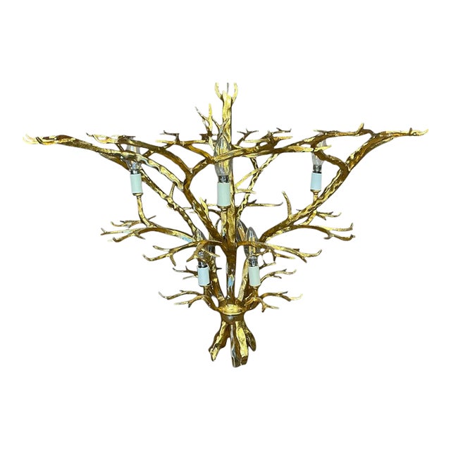 Coco Chanel & Maison Jansen Inspired Gilt Metal Faux Bois Twig Chandelier 8 Arm For Sale