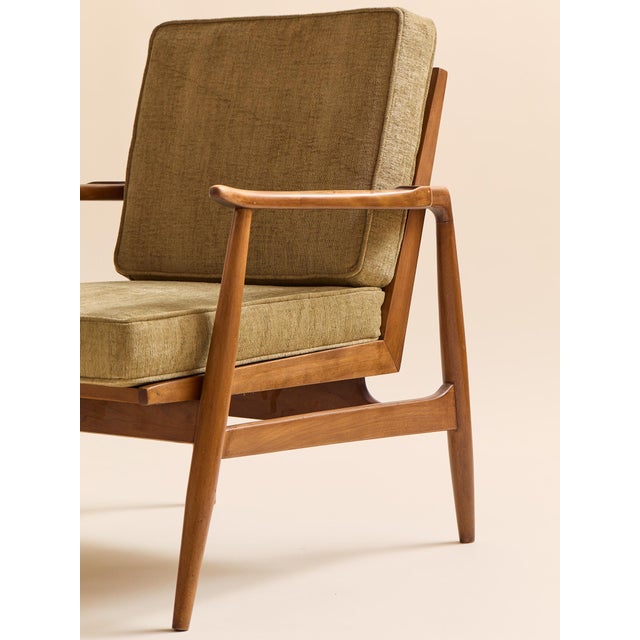The Vintage MCM Teak Exposed Frame Arm Chair With Brass Caps, Newly Upholstered For Sale - Image 9 of 13