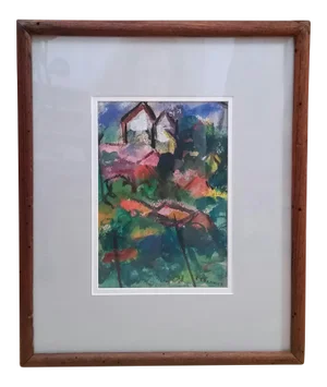 1959 Signed Elizabeth Erlanger Abstract Expressionist Landscape Watercolor, Framed