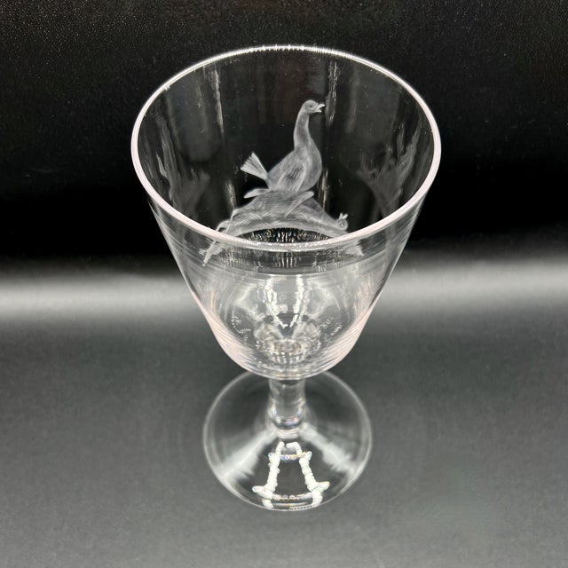 Glass Antique Victorian Hand-Engraved Glass Wine Goblets with Wildlife Goose Scene, England, 1900s, Set of 3 For Sale - Image 7 of 8