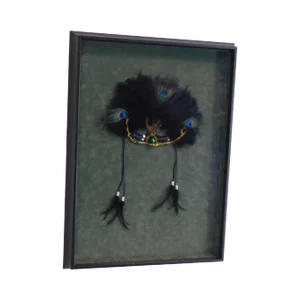 Hand Crafted Mardi Gras Mask With Peacock Feathers and Beaded Ties, Framed