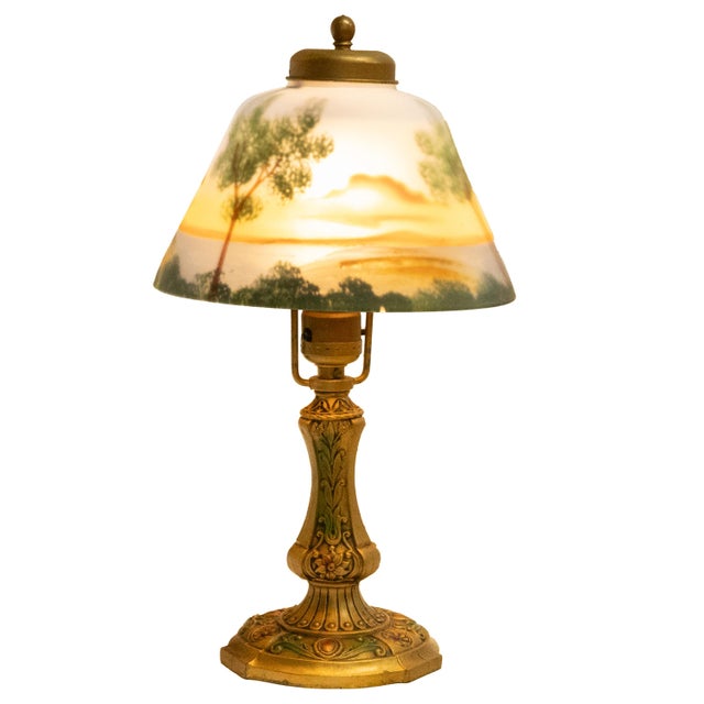 1910s 1910s Handel Art Nouveau Frosted Glass Reverse Painted Boudoir Table Lamp For Sale - Image 5 of 14