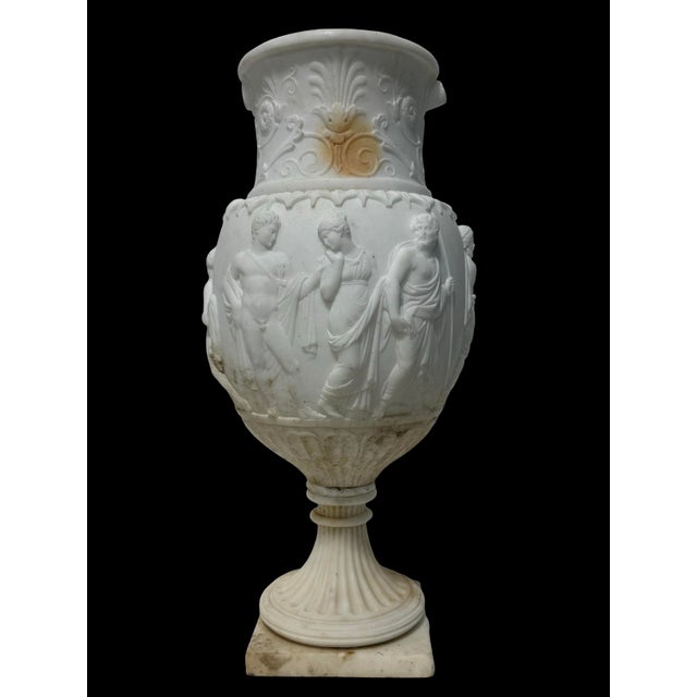 Stone Grand Tour Neoclassical White Marble Urn With Classical Figural Reliefs For Sale - Image 7 of 14