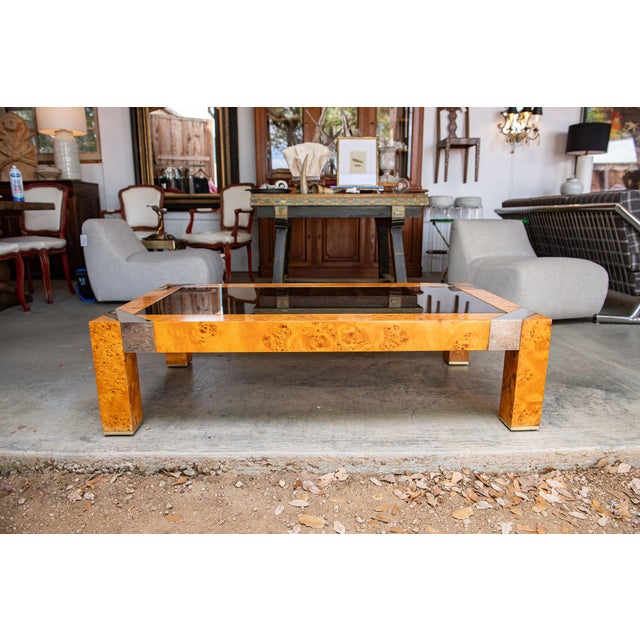 1970s Burl & Smoke Glass Coffee Table With Chrome Trim in the Style of Milo Baughman For Sale - Image 18 of 18
