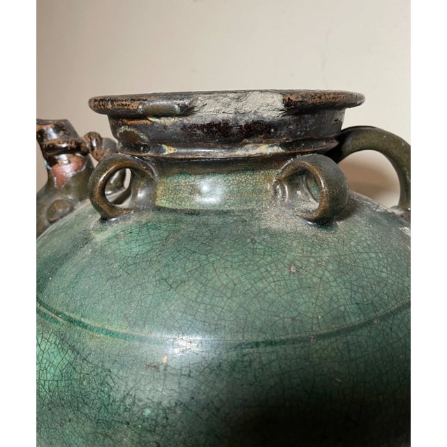 Antique Handmade Chinese Ming Dynasty Pottery Terracotta Green Glaze Wine Jug For Sale - Image 16 of 16