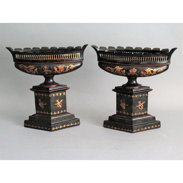 Black Antique Italian Tole Urns, a Pair For Sale - Image 8 of 10