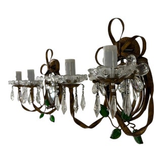 French Maison Baguès Green Colored Leaves Floral Crystal Prisms Bows Sconces For Sale