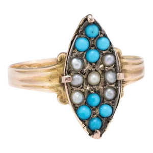 Victorian circa 1896 Seed Pearl Turquoise Ring Vintage 15 Karat Yellow Gold size 9