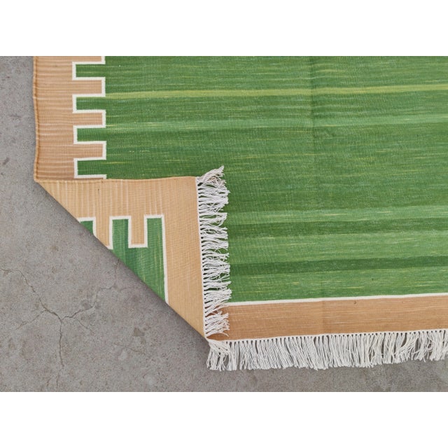 Green Handmade Cotton Rug, Green with Light Tan Geometric Border and Cream Fringe - 6'x9' For Sale - Image 8 of 9