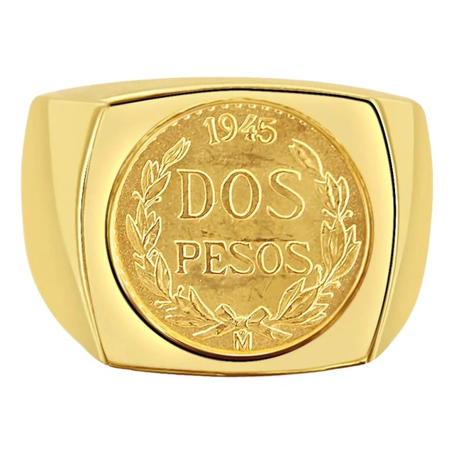 Dos Pesos Gold Coin Polished Bezel Ring 14k Yellow Gold, Size 8 For Sale
