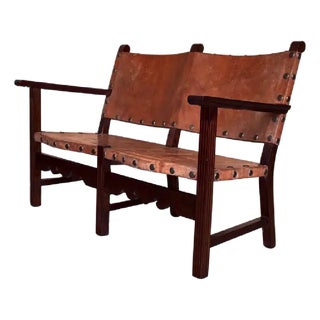 Spanish Baroque Brown Walnut and Leather Sofa Bench with Cordoba Ironwork, 18th Century For Sale