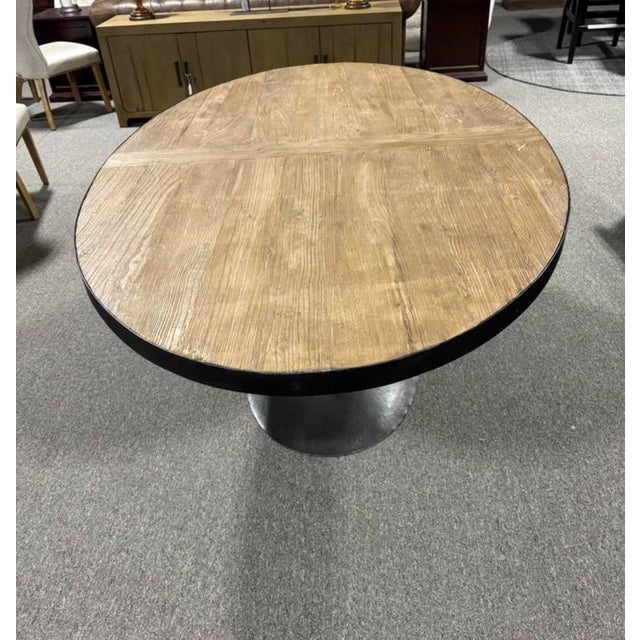 Mid-Century Modern Reclaimed Solid Wood Oval Table With Iron Base From Restoration Hardware Retired Collection For Sale - Image 3 of 5