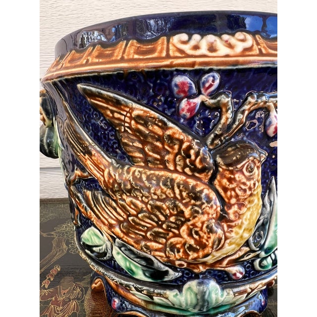 Antique Majolica Bird Planter Cache Pot Jardinière Cobalt Blue Wasmuël C1890 For Sale - Image 15 of 18