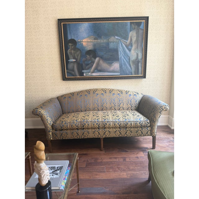 Rose Tarlow Melrose House Custom Curved Sofa – Blue & Gold Damask Upholstery – Collector‑Grade For Sale In Chicago - Image 6 of 7